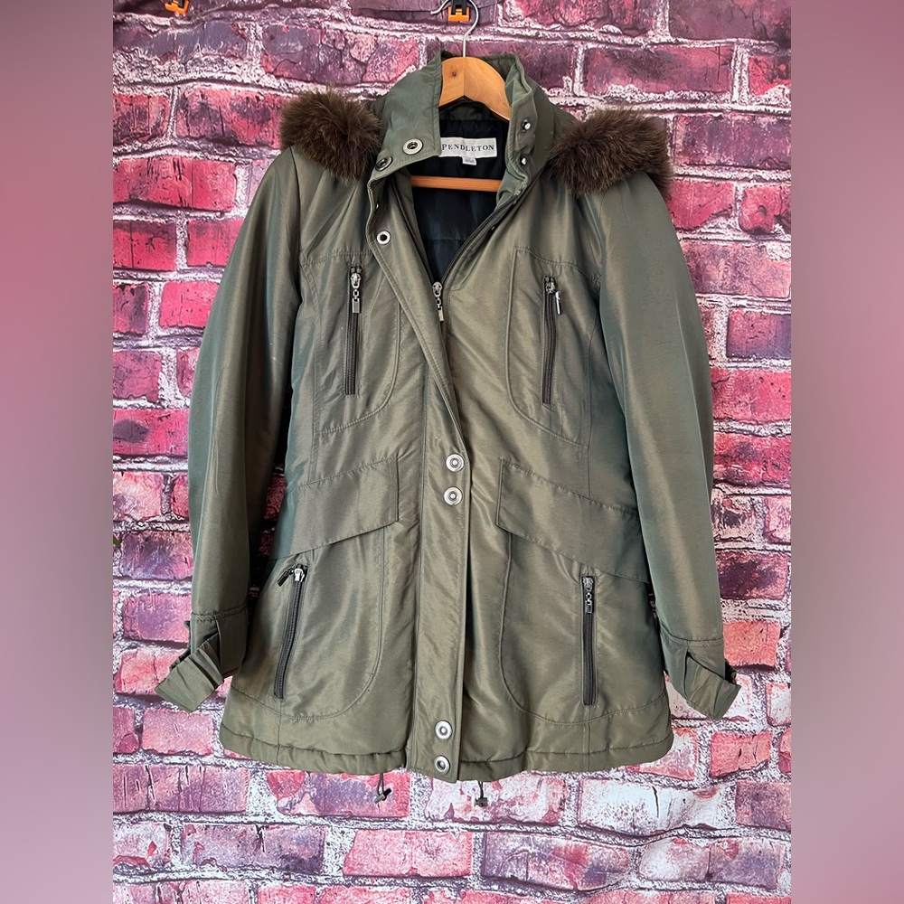 Pendleton Genuine Fox Fur Trim Hooded Winter Parka Coat Finland Green